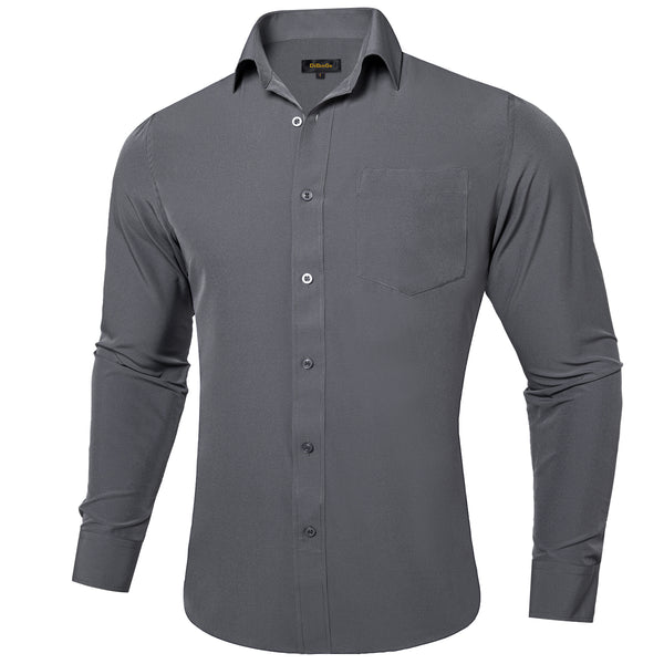 Dark Grey Solid Silk Men's Long Sleeve Business Shirt