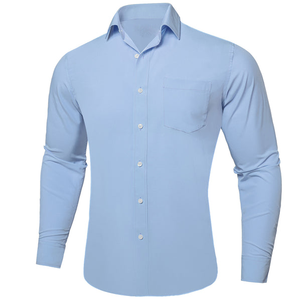 Sky Blue Solid Silk Men's Long Sleeve Business Shirt