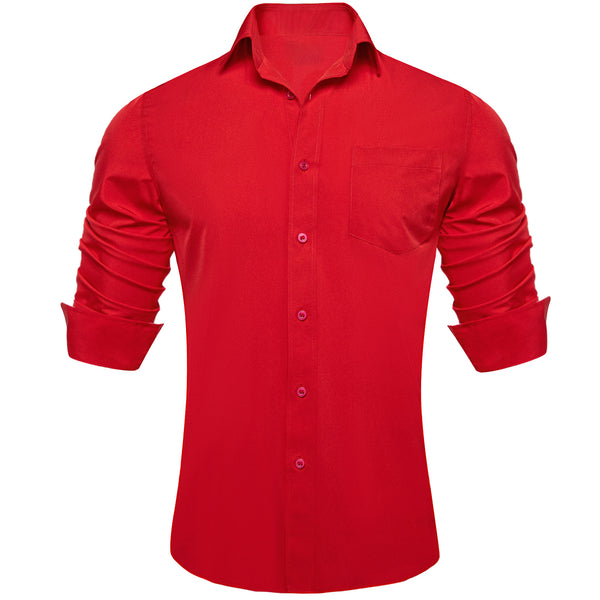 Red Solid Silk Men's Long Sleeve Business Shirt