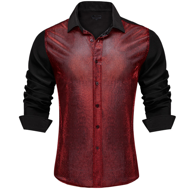 New Black Silk Red Glitter Stitching Men's Shirt