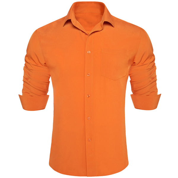 Carrot Orange Solid Men's Silk Long Sleeve Shirt