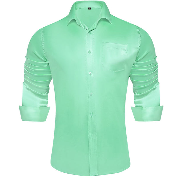  Suit Shirt Mint Green Solid Satin Men's Silk Long Sleeve Shirt
