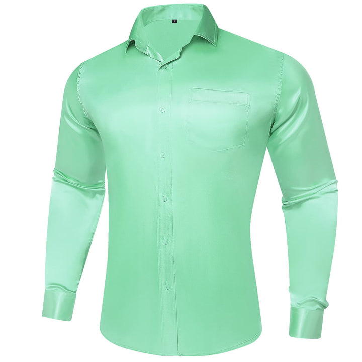  Suit Shirt Mint Green Solid Satin Men's Silk Long Sleeve Shirt