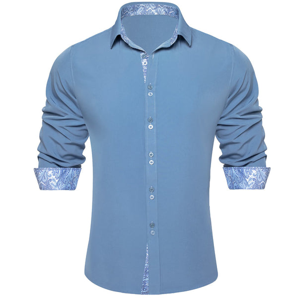 Arctic Blue Solid Splicing Silk Button Down Shirt