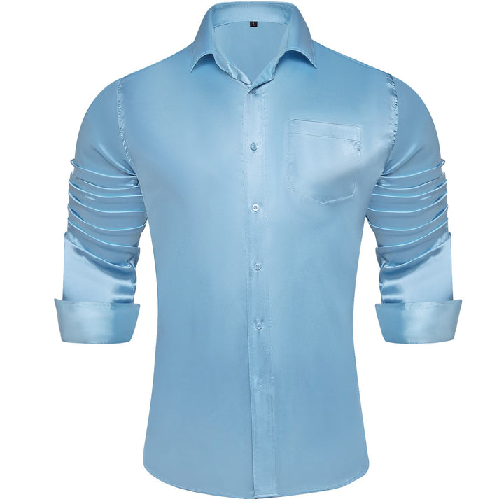 Suit Shirt Arctic Blue Solid Satin Mens Silk Button Down Shirt