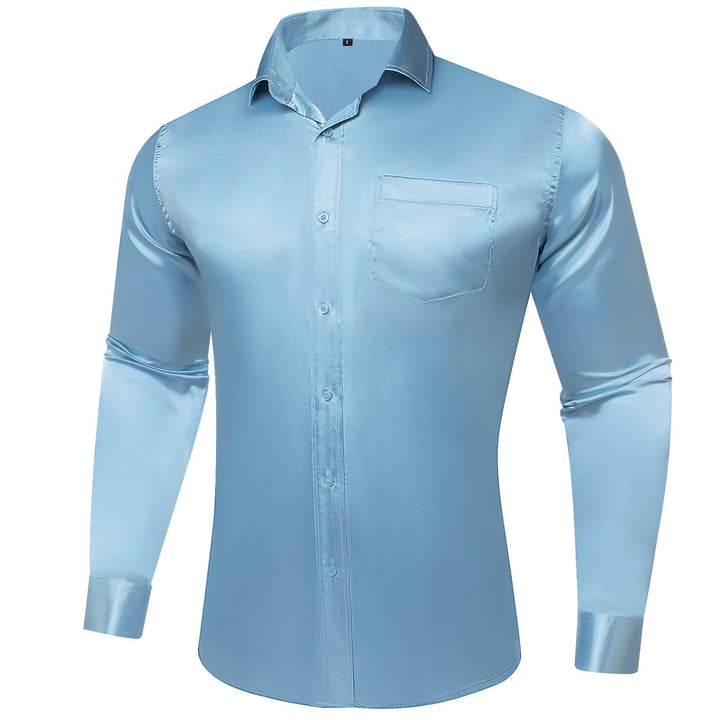 Suit Shirt Arctic Blue Solid Satin Mens Silk Button Down Shirt