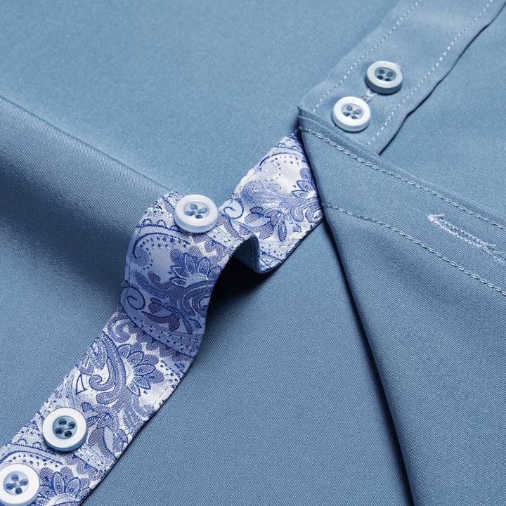 Arctic Blue Solid Splicing Silk Button Down Shirt
