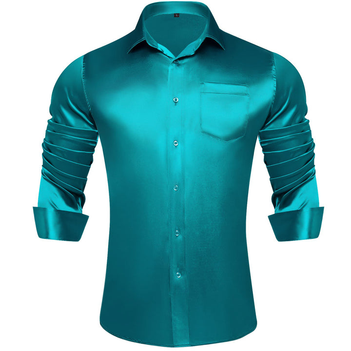 Suit Shirt Dark Cyan Solid Satin Mens Silk Button Down Shirt