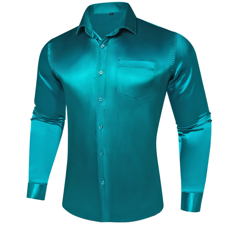 Suit Shirt Dark Cyan Solid Satin Mens Silk Button Down Shirt