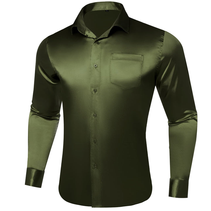 Suit Shirt Olive Drab Green Solid Satin Mens Silk Long Sleeve Shirt