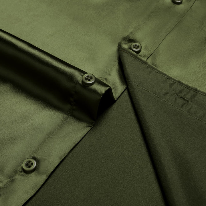 Suit Shirt Olive Drab Green Solid Satin Mens Silk Long Sleeve Shirt