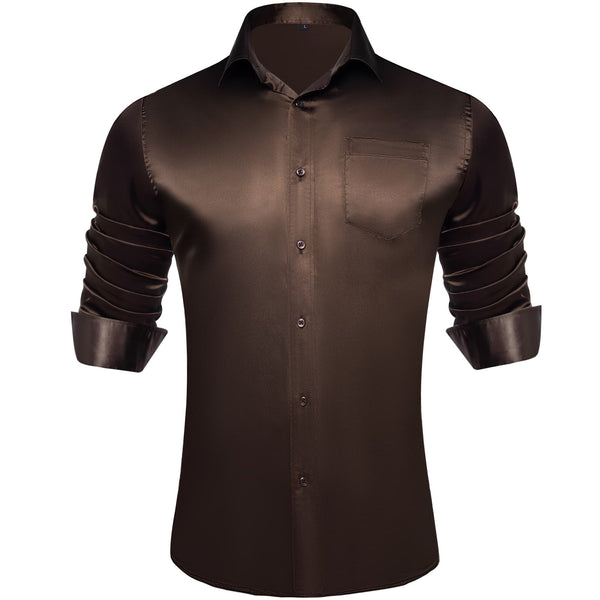 Suit Shirt Pecan Brown Solid Satin Mens Silk Button Down Shirt