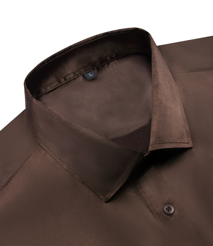 Suit Shirt Pecan Brown Solid Satin Mens Silk Button Down Shirt
