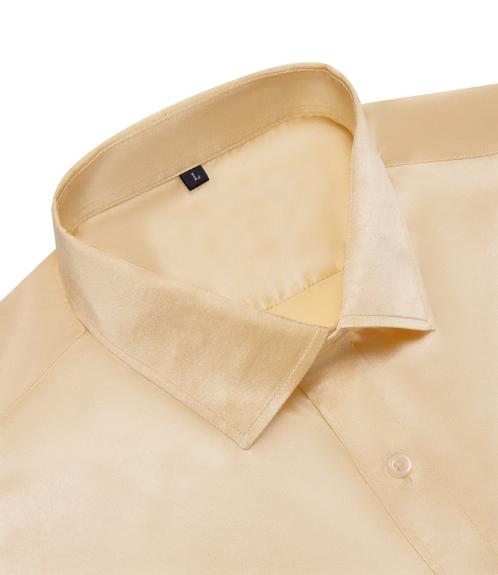 Suit Shirt Wheat Solid Satin Mens Silk Button Down Long Sleeve Shirt