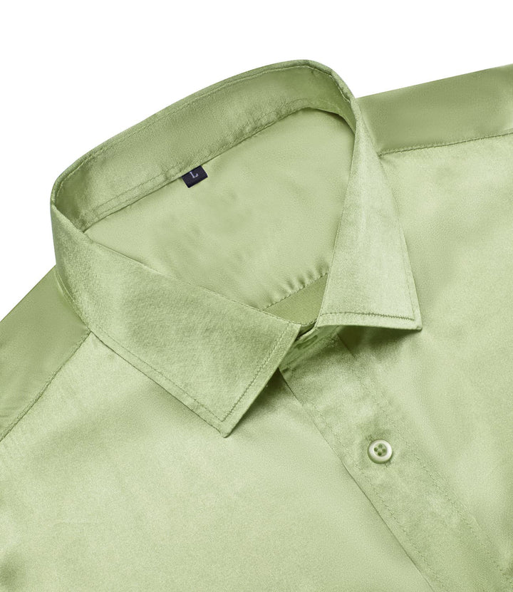 Suit Shirt Sage Green Solid Satin Mens Silk Long Sleeve Shirt