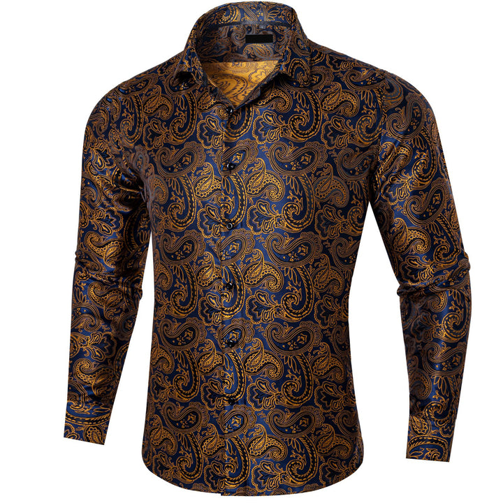 Ties2you Button Down Shirt Blue Gold Paisley Long Sleeve Dress Shirts for Men Ties2you Button Down Shirt Blue Gold Paisley Long Sleeve Dress Shirts for Men