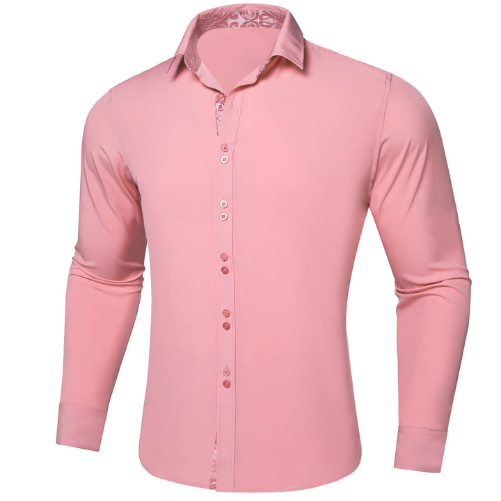 Light Pink Solid Splicing Silk Button Down Shirt