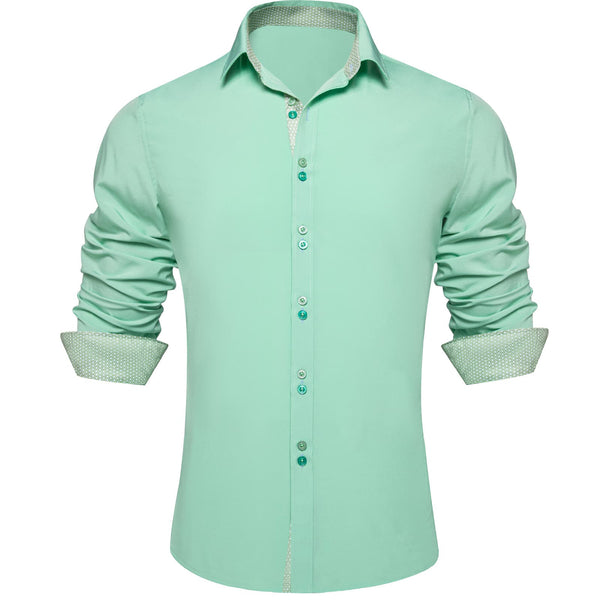 Mint Green Solid Splicing Silk Button Down Shirt