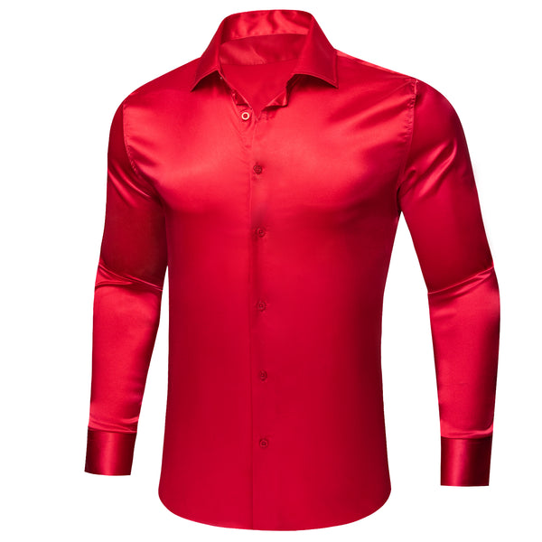 New Red Solid Satin Silk Men's Long Sleeve Shirt