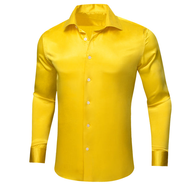 Lemon Yellow Solid Satin Silk Men's Long Sleeve Shirt