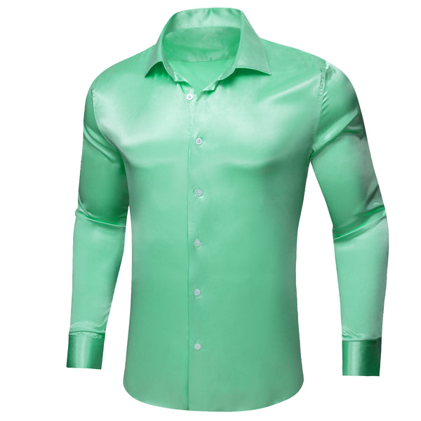 Mint Green Solid Satin Silk Men's Long Sleeve Shirt