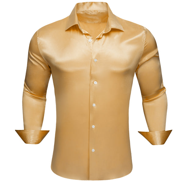 Cream Yellow Solid Satin Silk Men's Long Sleeve Shirt