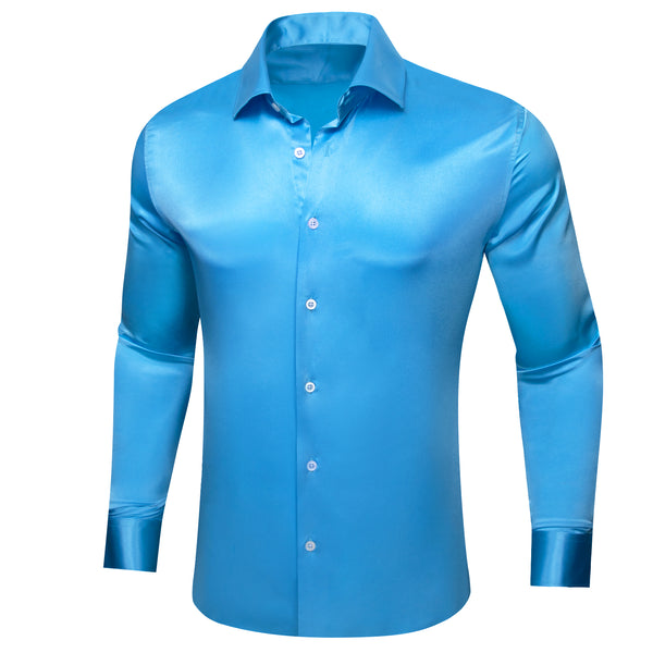New Sky Blue Solid Satin Silk Men's Long Sleeve Shirt