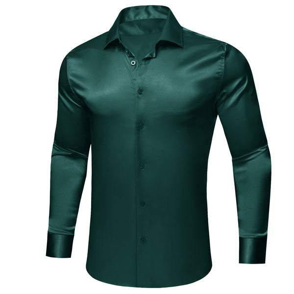 Dark Green Solid Satin Silk Men's Long Sleeve Shirt