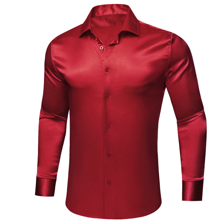 Dark Red Solid Satin Silk Men's Long Sleeve Shirt