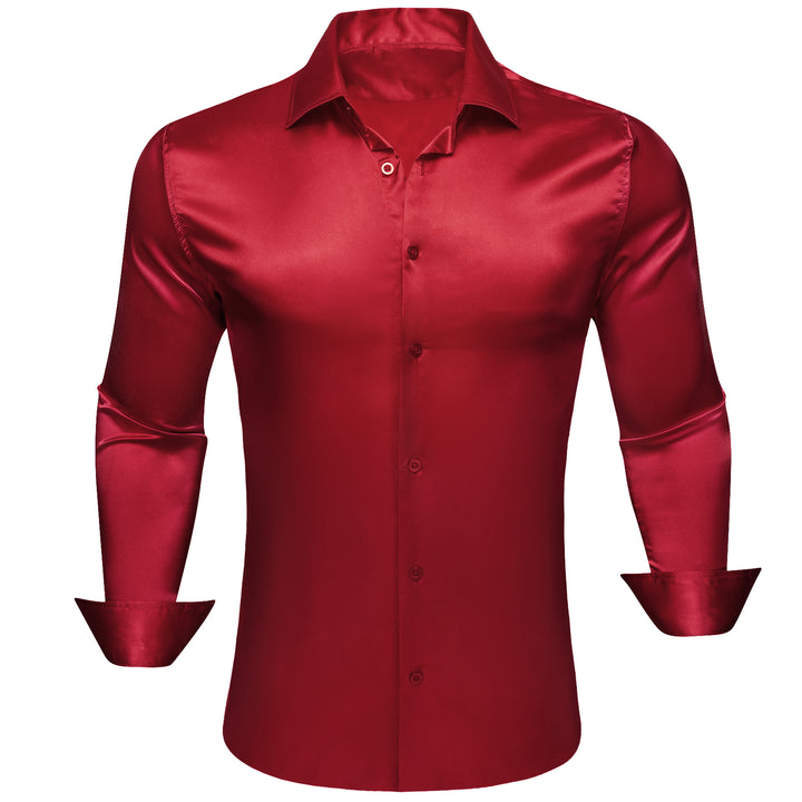 Dark Red Solid Satin Silk Men's Long Sleeve Shirt