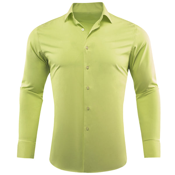 Yellow Green Solid Silk Men's Long Sleeve Shirt