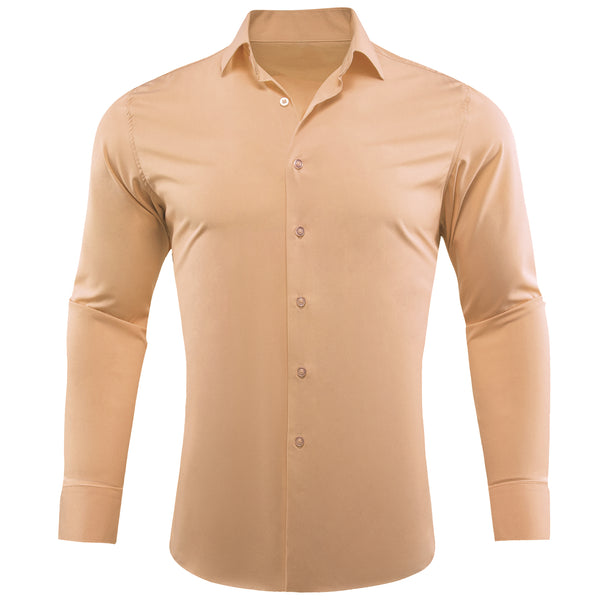 Beige Solid Silk Men's Long Sleeve Shirt
