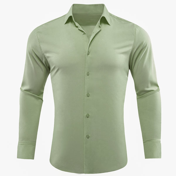 Avocado Green Solid Silk Men's Long Sleeve Shirt
