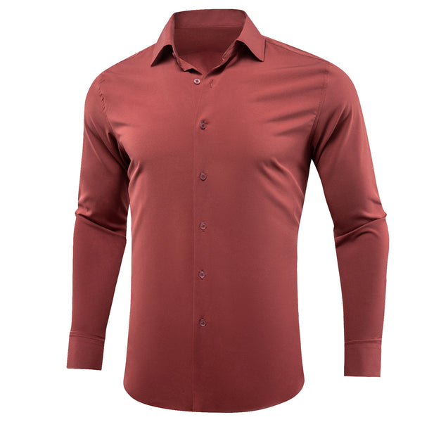Brick Red Solid Silk Men's Long Sleeve Shirt