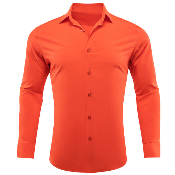 Orange Solid Silk Men Long Sleeve Shirt