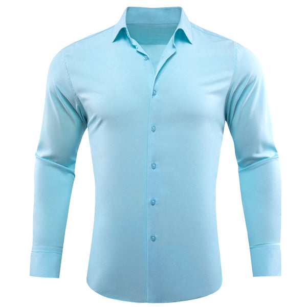 Mist Blue Solid Silk Men's Long Sleeve Shirt