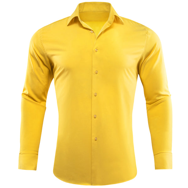 Yellow Solid Silk Men's Long Sleeve Shirt