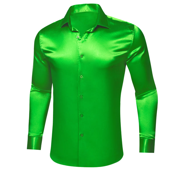 Bright Green Satin Solid Silk Men's Long Sleeve Shirt
