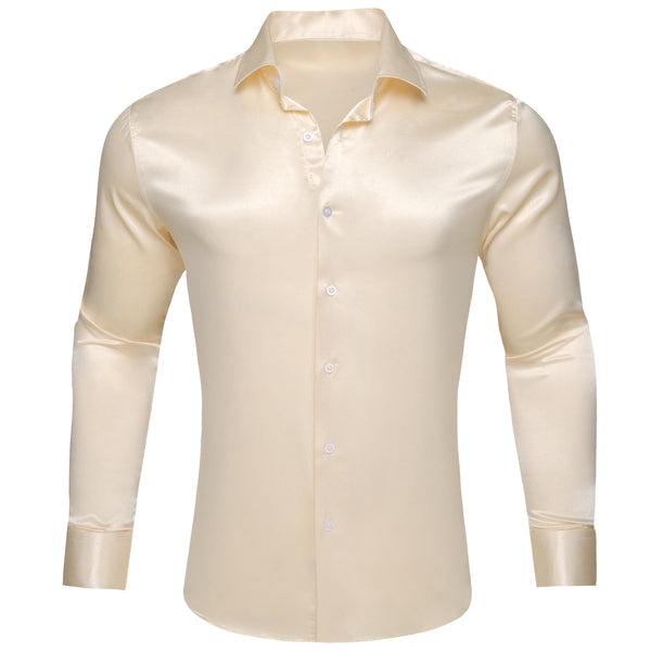 Beige Satin Solid Silk Men's Long Sleeve Shirt