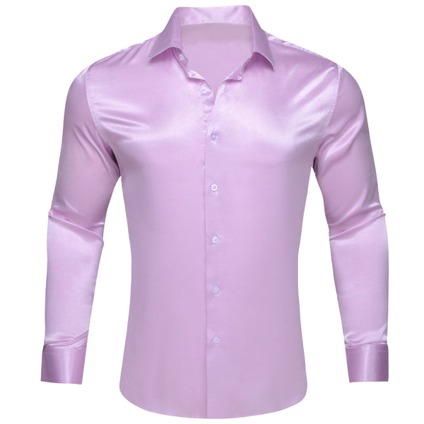 Mist Violet Purple Satin Solid Silk Men's Long Sleeve Shirt