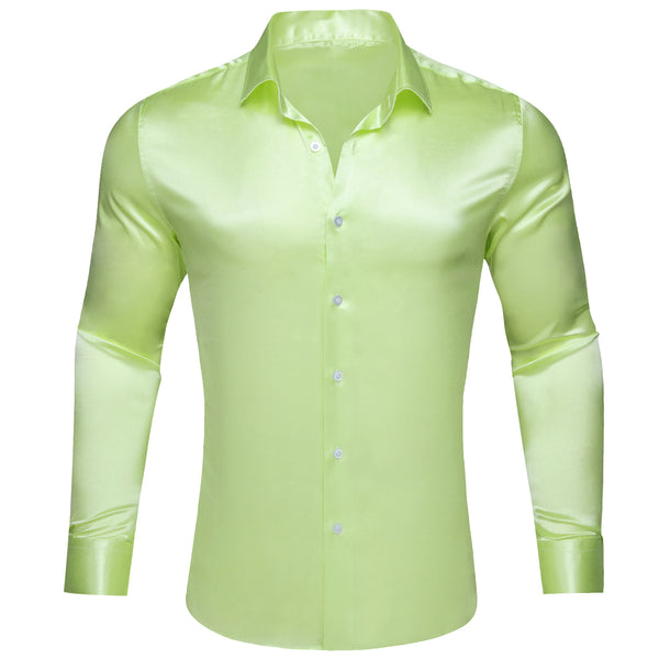Apple Green Satin Solid Silk Men's Long Sleeve Shirt