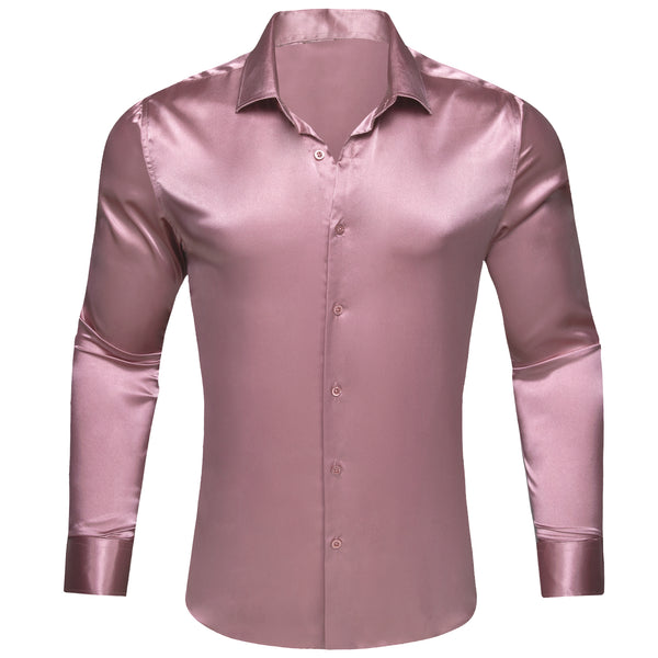 Rose Pink Satin Solid Silk Men's Long Sleeve Shirt