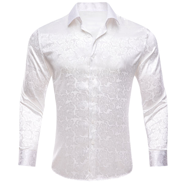 White Floral Rose Silk Men's Long Sleeve Shirt