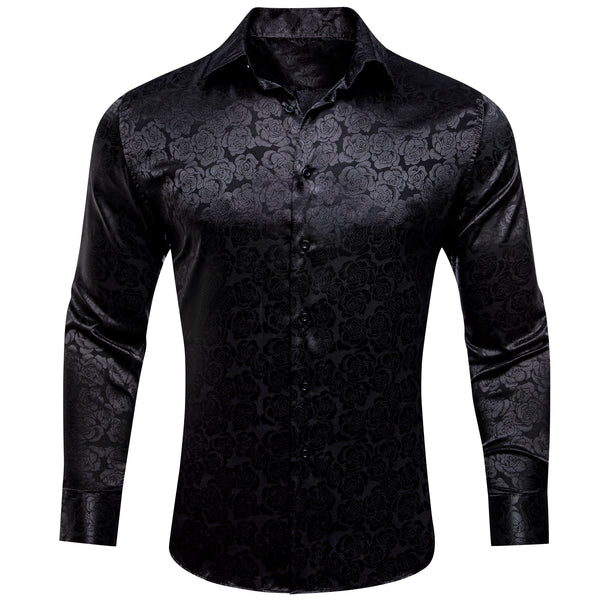 Black Floral Rose Silk Men's Long Sleeve Shirt