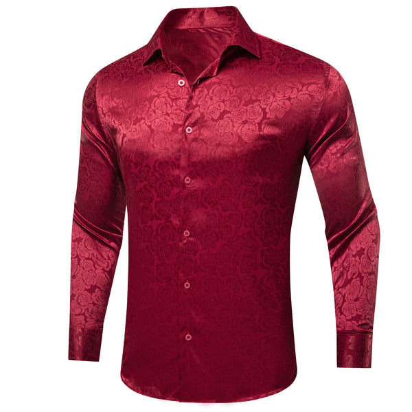 Burgundy Floral Rose Silk Men's Long Sleeve Shirt