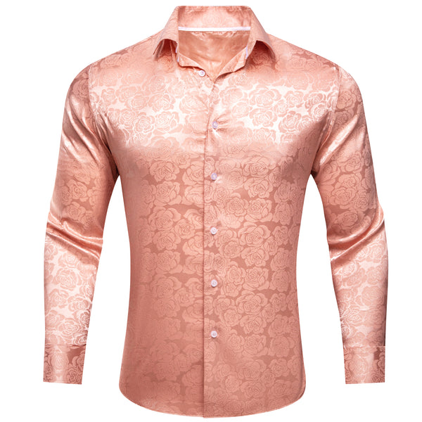 Pale Orange Floral Rose Silk Men's Long Sleeve Shirt