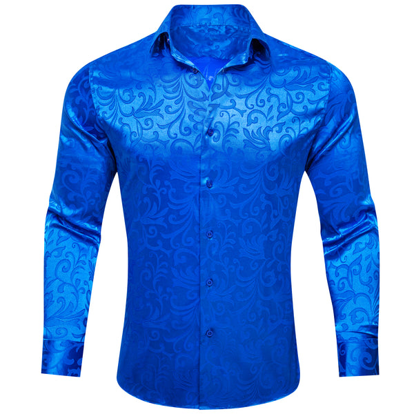 Klein Blue Floral Leaf Silk Men's Long Sleeve Shirt