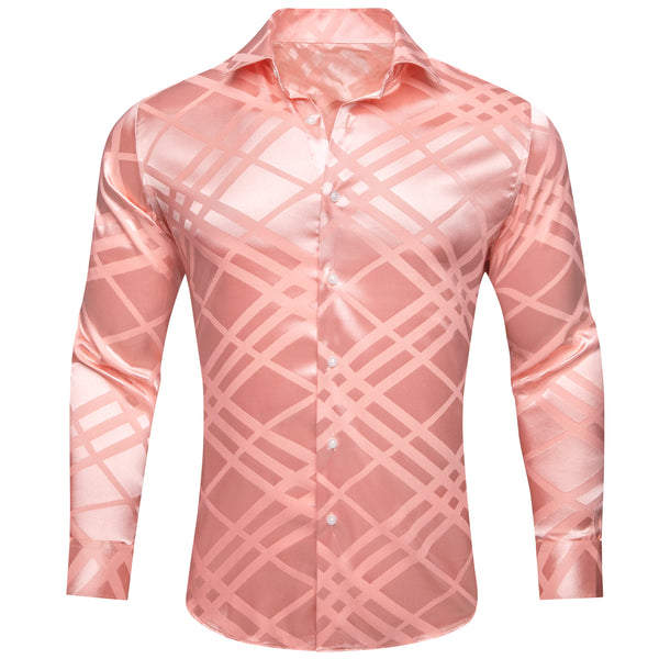Baby Pink Plaid Silk Men's Long Sleeve Shirt