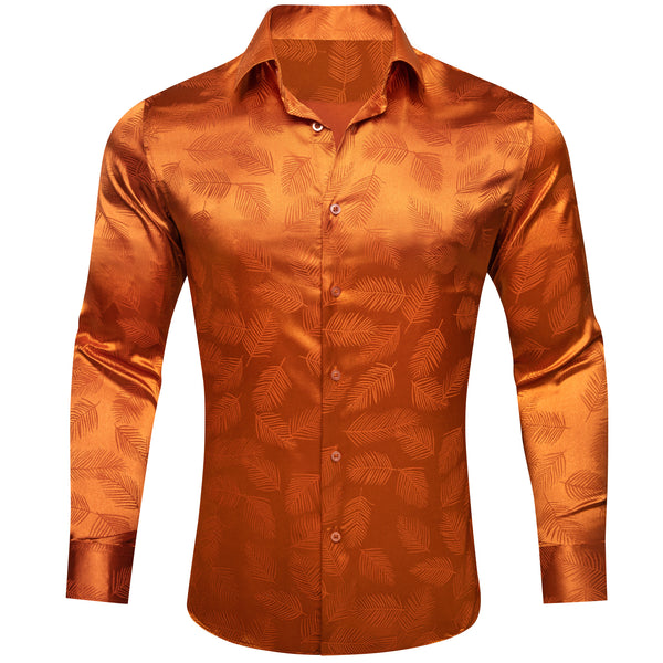 Dark Orange Floral Leaf Silk Men's Long Sleeve Shirt