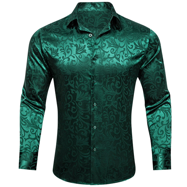 Emerald Green Floral Leaf Silk Men's Long Sleeve Shirt